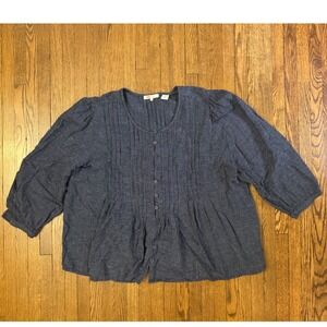 Levis Womens XL Navy Blue Micro Check Pintuck Button Front Puff Sleeve Blouse